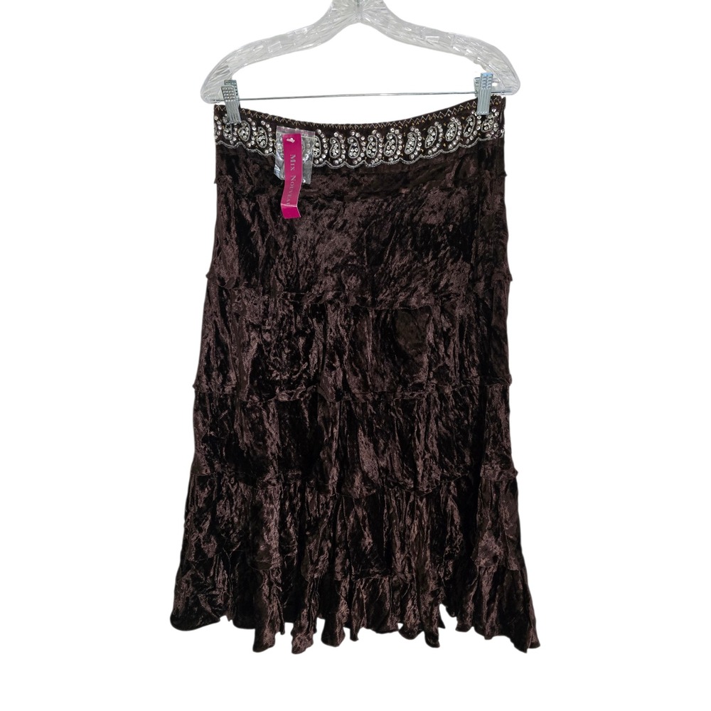 Mix Nouveau Brown Crushed Velvet Tiered Maxi Skirt Embellished Waist Size 8 NEW